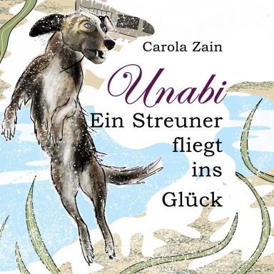 Ein Springer Hund auf einem farbenfrohen Hintergrund mit dem Titel "Unabi".