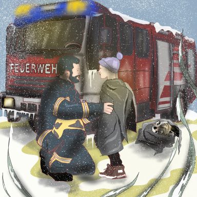 Feuerwehrmann hilft einem Kind vor einem Feuerwehrfahrzeug im Schnee.