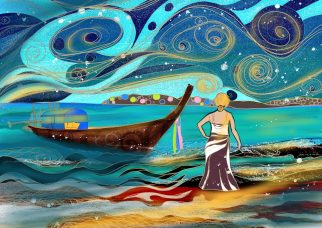 Frau steht am Meer 